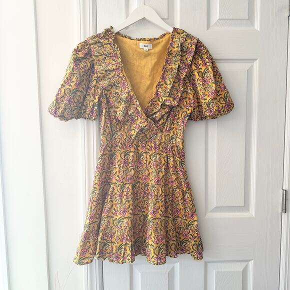 Rahi Yellow Floral Del Sole Chiara Puff Sleeve Ruffle V Neck Mini Dress Cotton S - Picture 2 of 12